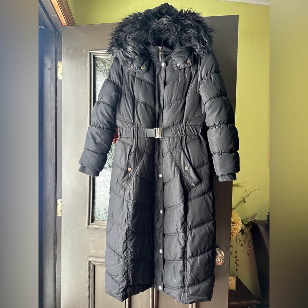 Long black puffer coat with faux fur hood